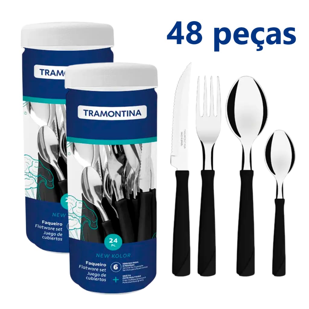 Kit C/2 Jogo De Talheres Faqueiro Tramontina Aço Inox New Kolor 24 Peças