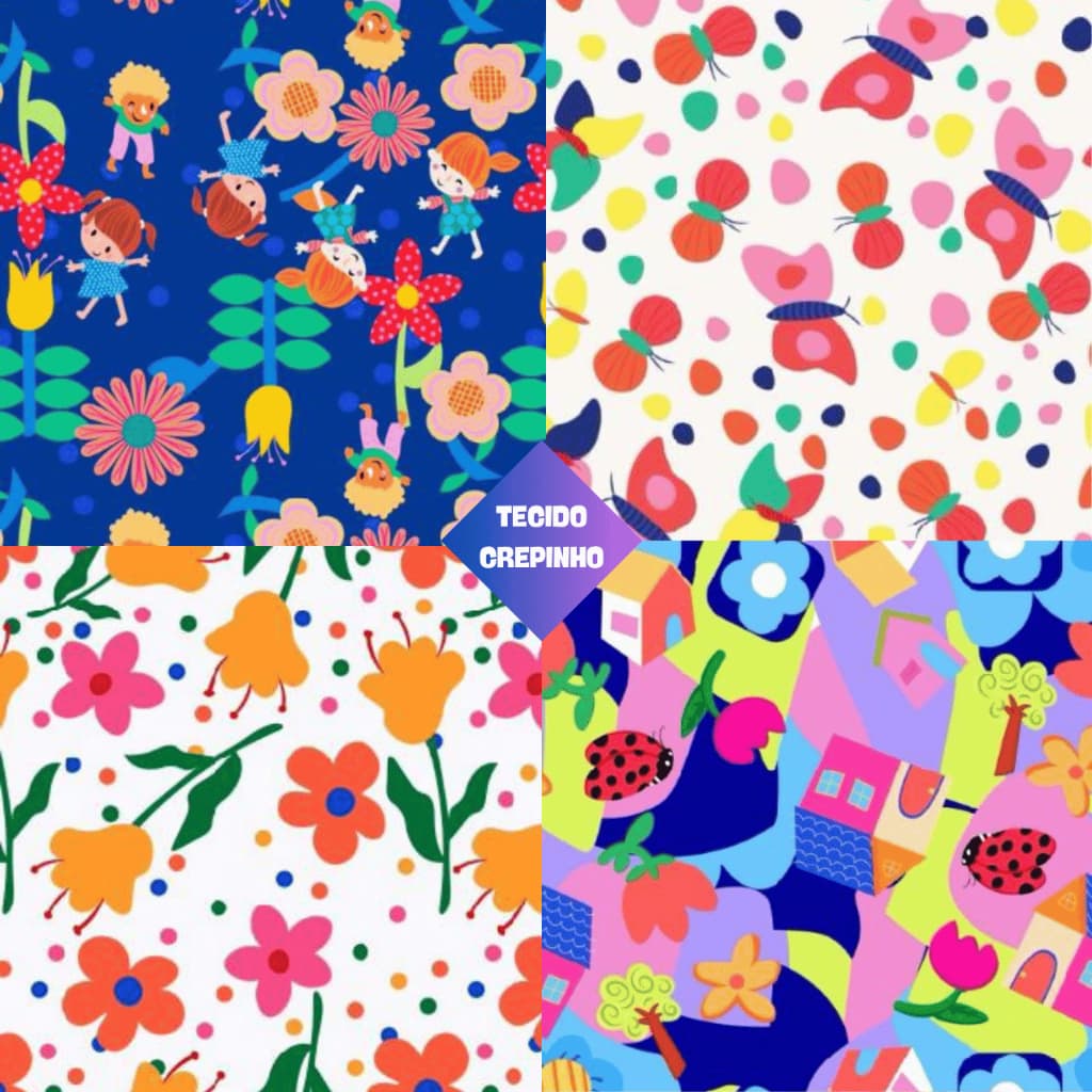 TECIDO CREPINHO INFANTIL/FEMININO FLORES, CRIANÇAS, BORBOLETAS, JOANINHAS E MUITO MAIS!