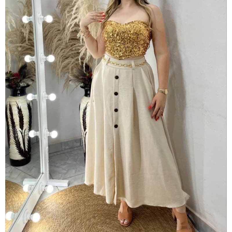 Saia Longa em Duna Linho Forrado com Botões na Frente Moda Casual Elegante Moda Evangelica8