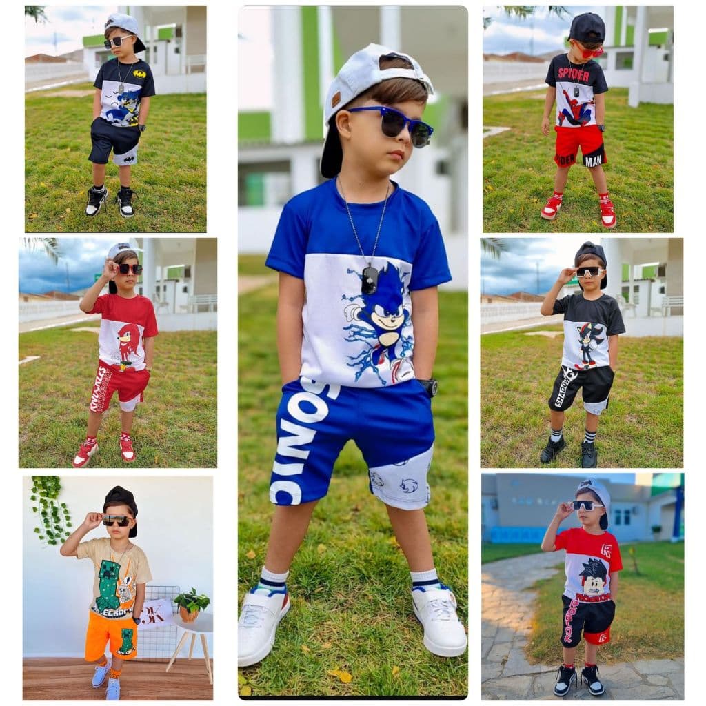Conjunto Infantil Menino Juvenil Dryfit  Bermuda e Camisa Masculina Personagens do 4 ao 14 anos