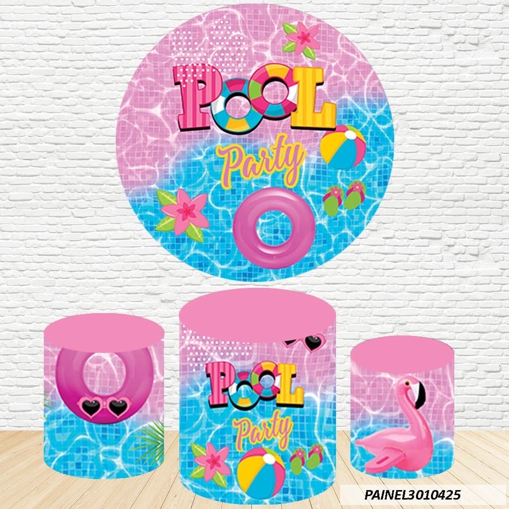 Kit de Capas Painel Redondo Sublimado Pool Party 1,50M + Trio Capas de Cilindro C/Elástico