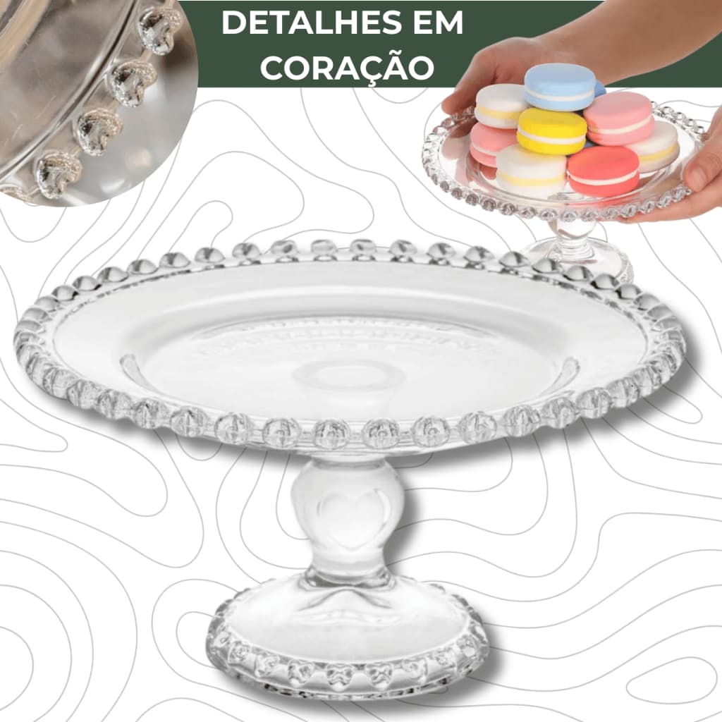 Prato com Pé Coração de Cristal 19,5cm x 10,5cm Servir Petiscos Sobremesas Luxo Sofisticado