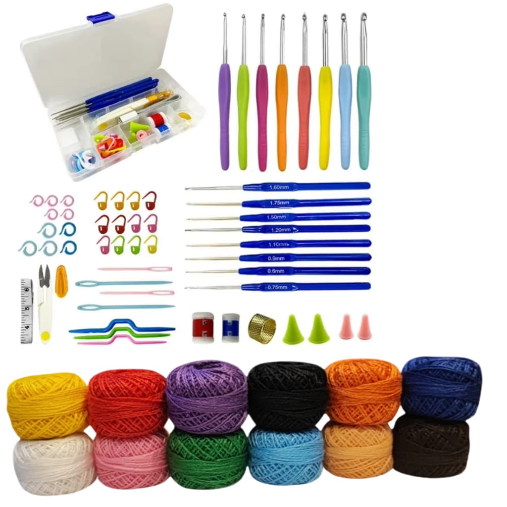 Kit Croche Trico Completo 8 Agulhas Cabo Soft Emborrachado 8 Agulhas Finas 12 Linhas Coloridas 40m