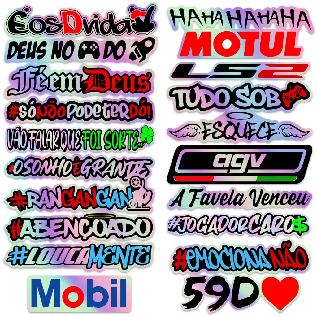 Kit 20 Adesivos Frases Holográfico Camaleão Carro Moto Bike Bag Caderno Notebook Sticker Cartela