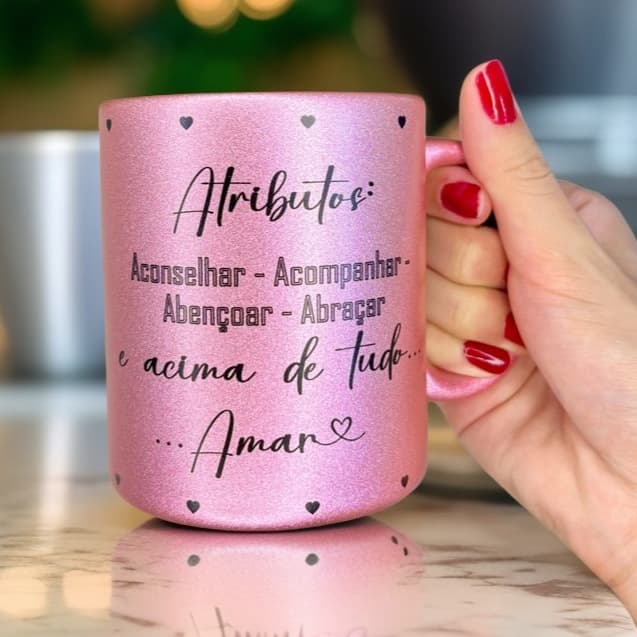 caneca para dinda dindo personalizada com nome e frase de uso exclusivo madrinha padrinho metalizada perolizada rosa dou