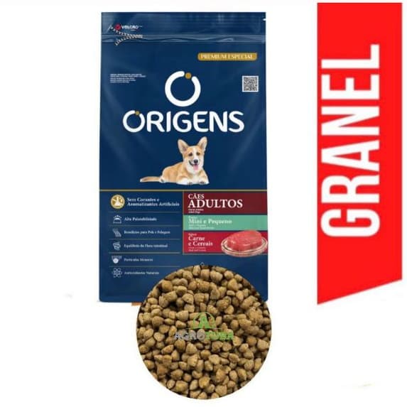 Ração A Granel Origens Premium Especial Cães Adultos Portes Mini e Pequeno Sabor Carne e Cereais 1kg