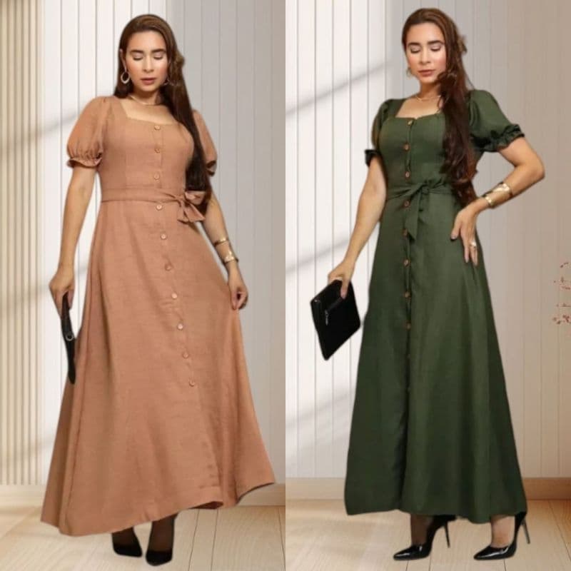Vestido Longo Feminino com Botões, Cinto e Mangas - Tem forro e elástico | Elegante e Atemporal