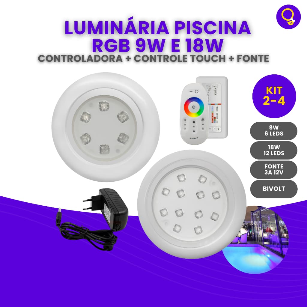 Kit 2 Kit 4 Luminária Piscina 6leds ou 12leds Módulo RGB Com Fonte 18w ou 9w