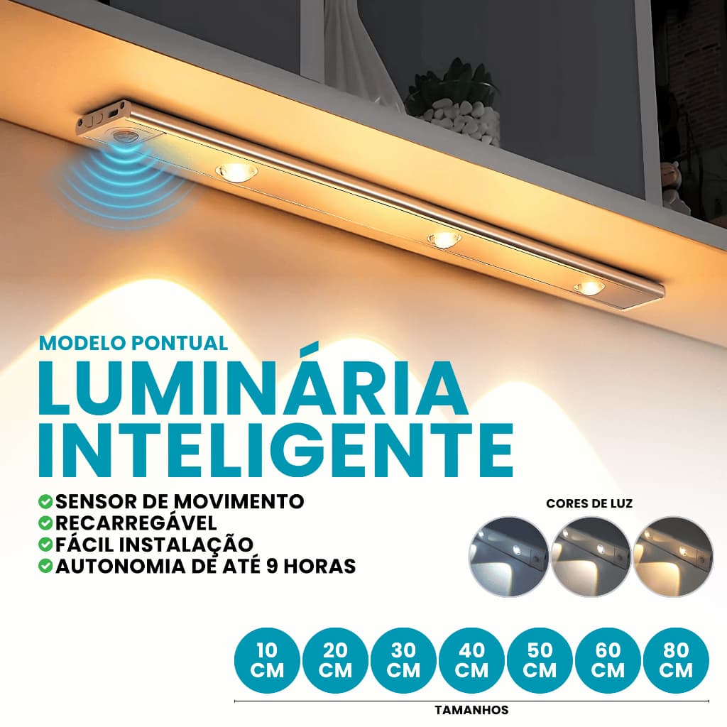 Kit Luminária Barra Usb Pontual Led Recarregável Sensor Presença Luz 3 Cores