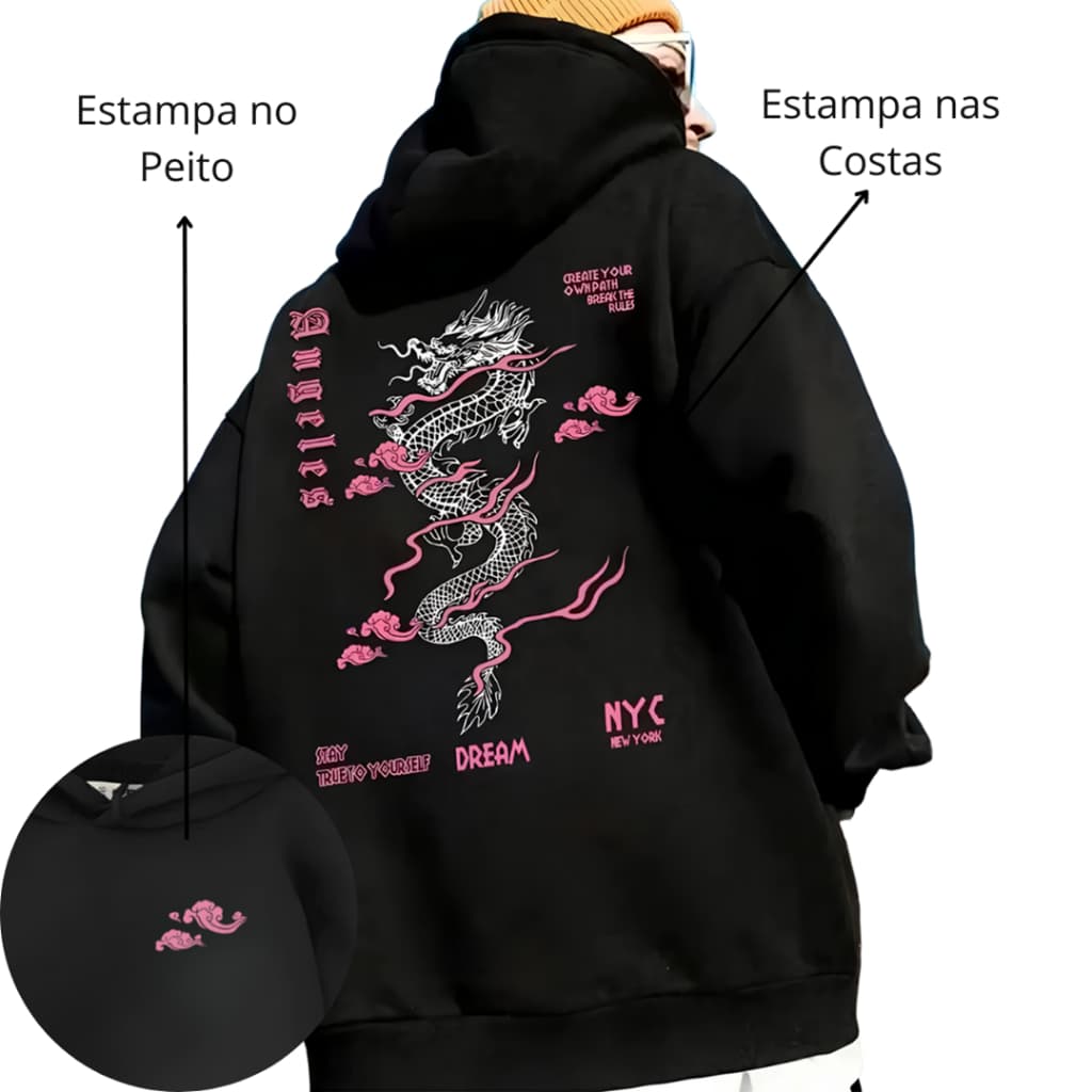 Moletom Unissex Canguru Capuz Estampado Inverno Flanelado Look Algodão Casual Quentinho Dragão