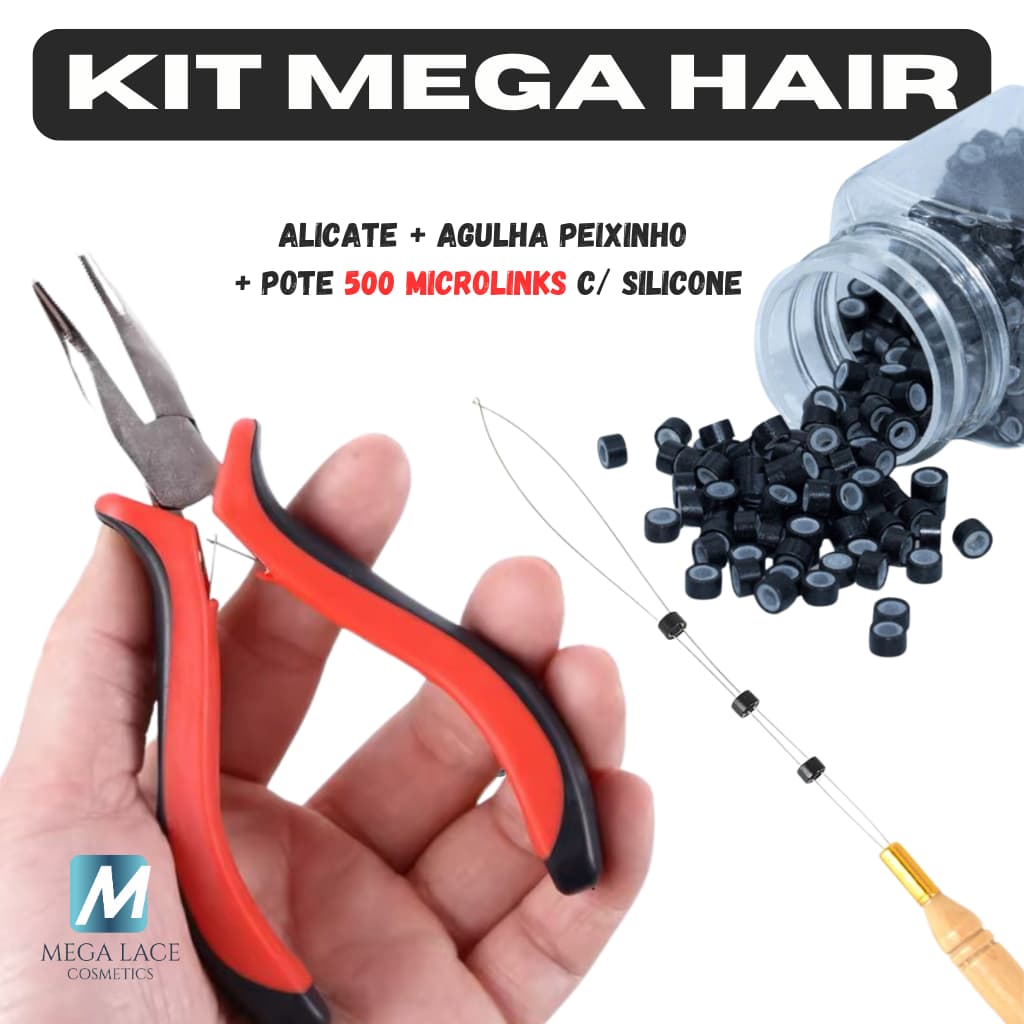 Kit Mega Hair Alicate + Agulha Peixinho + POTE 500 Microlinks C/ Silicone