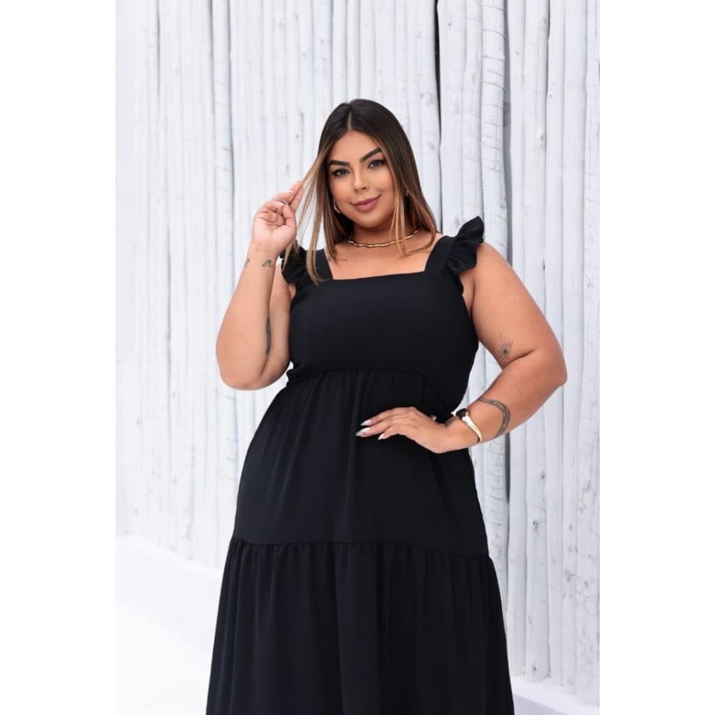 Vestido longo plus size, com alça, babado três marias, latex nas costas, moda femenina, elegância, versátil.