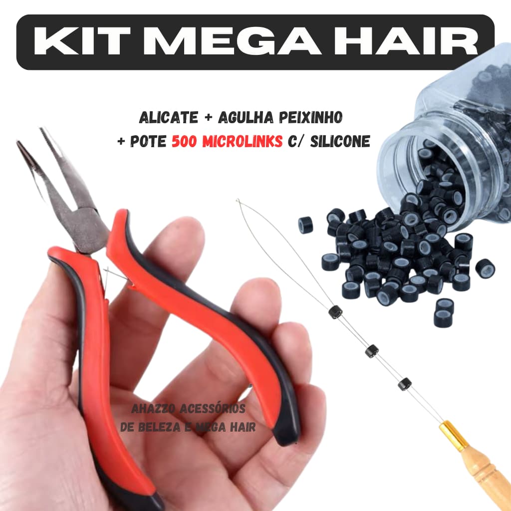 Kit Mega Hair Alicate + Agulha Peixinho + POTE 500 Microlinks C/ Silicone