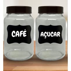 Kit Cantinho do Café/ 2 Potes de Vidro 600 ML Com Caneta p/ escrever:  Café, Açúcar, Biscoito, Leite em Pó, Chocolate