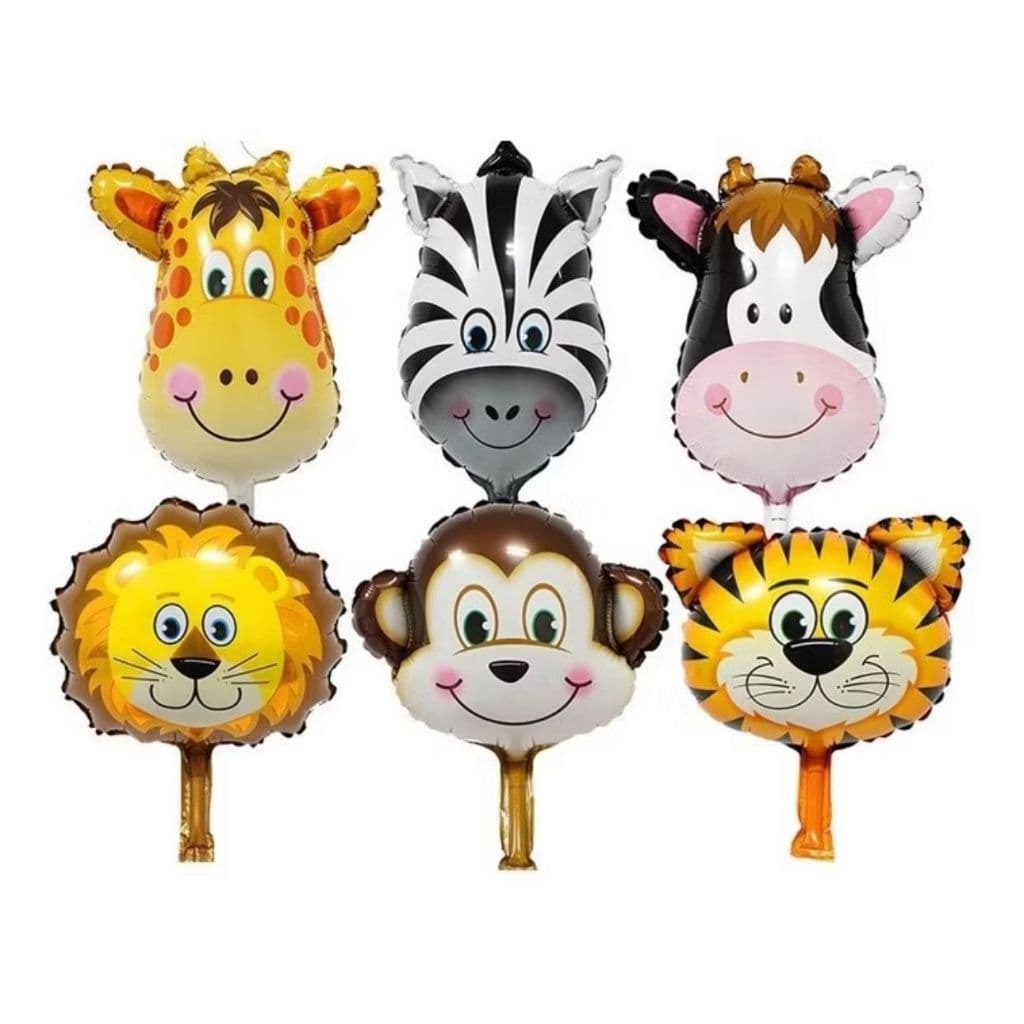 12 Balão Metalizado Safari Animais Centro De Mesa 32cm - Vaca Girafa Zebra Leão Tigre Macaco
