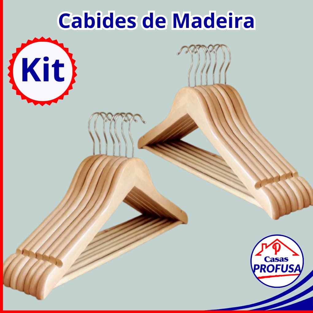 Kit Cabides Madeira Verniz Com Cava e Gancho Cromado Roupas Calças Blusa Alças Vestidos Terno Blazer