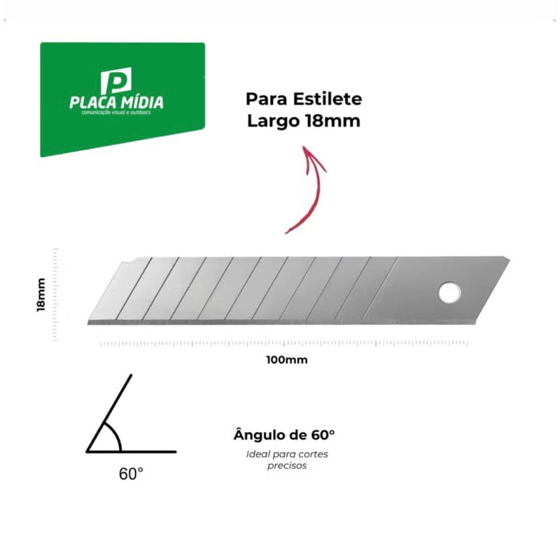 KIT 20 LÂMINAS PARA ESTILETE 18MM PARA CORTE DE ADESIVOS E PELICULAS