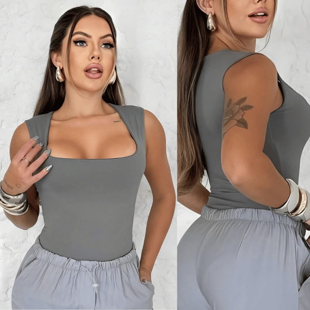 Body Regata Feminina Decote Quadrado Elegante Confortavel Moda Boho