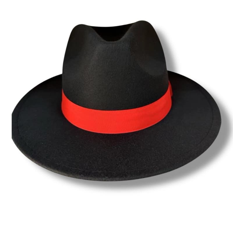 Chapéu Panamá Fedora Preto Fita Vermelha Adulto Unissex Exu Umbanda Estilo Elegante Feltro