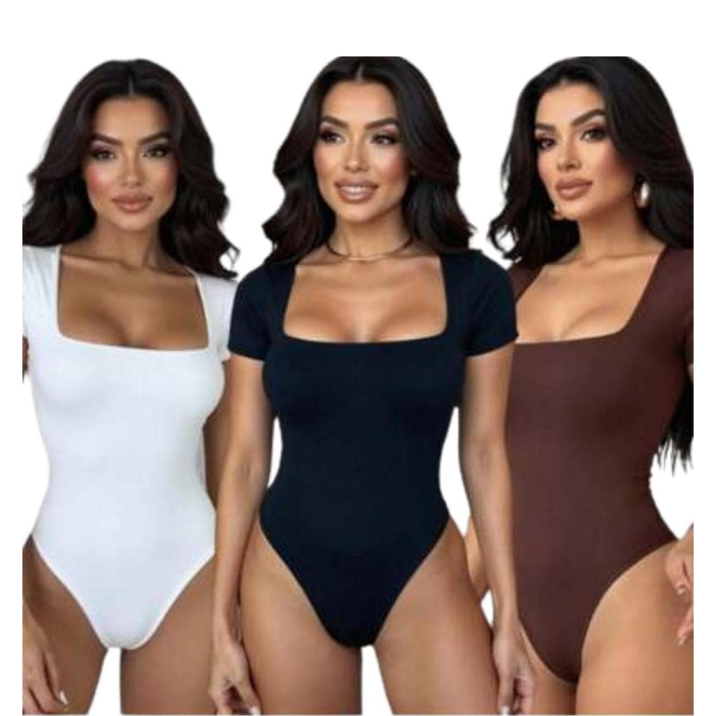 Kit 3 Body Collant Feminino Manga Curta Decote Quadrado Suplex Manguinha Decotado
