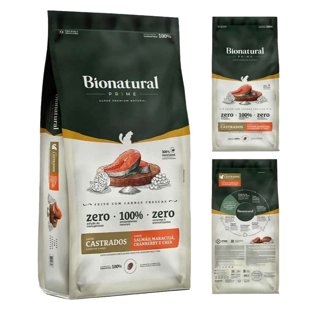Ração Bionatural Prime Gatos Castrados sabor Salmão 7,5 KG
