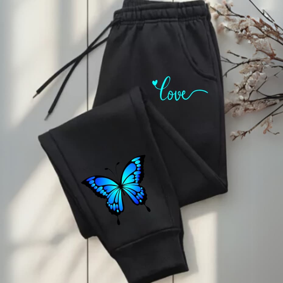 Calça Moletom Jogger Feminina Love Butterfly Borboleta Azul Minimalista Moda Inverno Casual