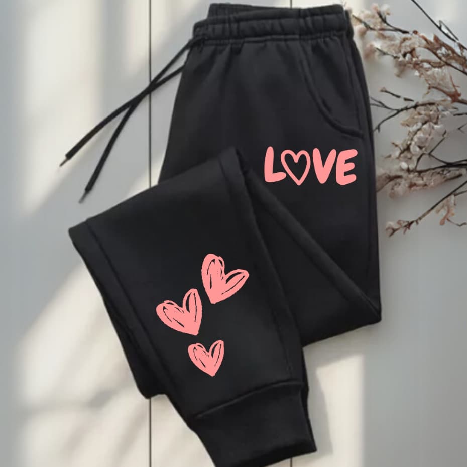 Calça Moletom Forrada Love Corações Minimalista Feminina Moda Inverno Hype Casual