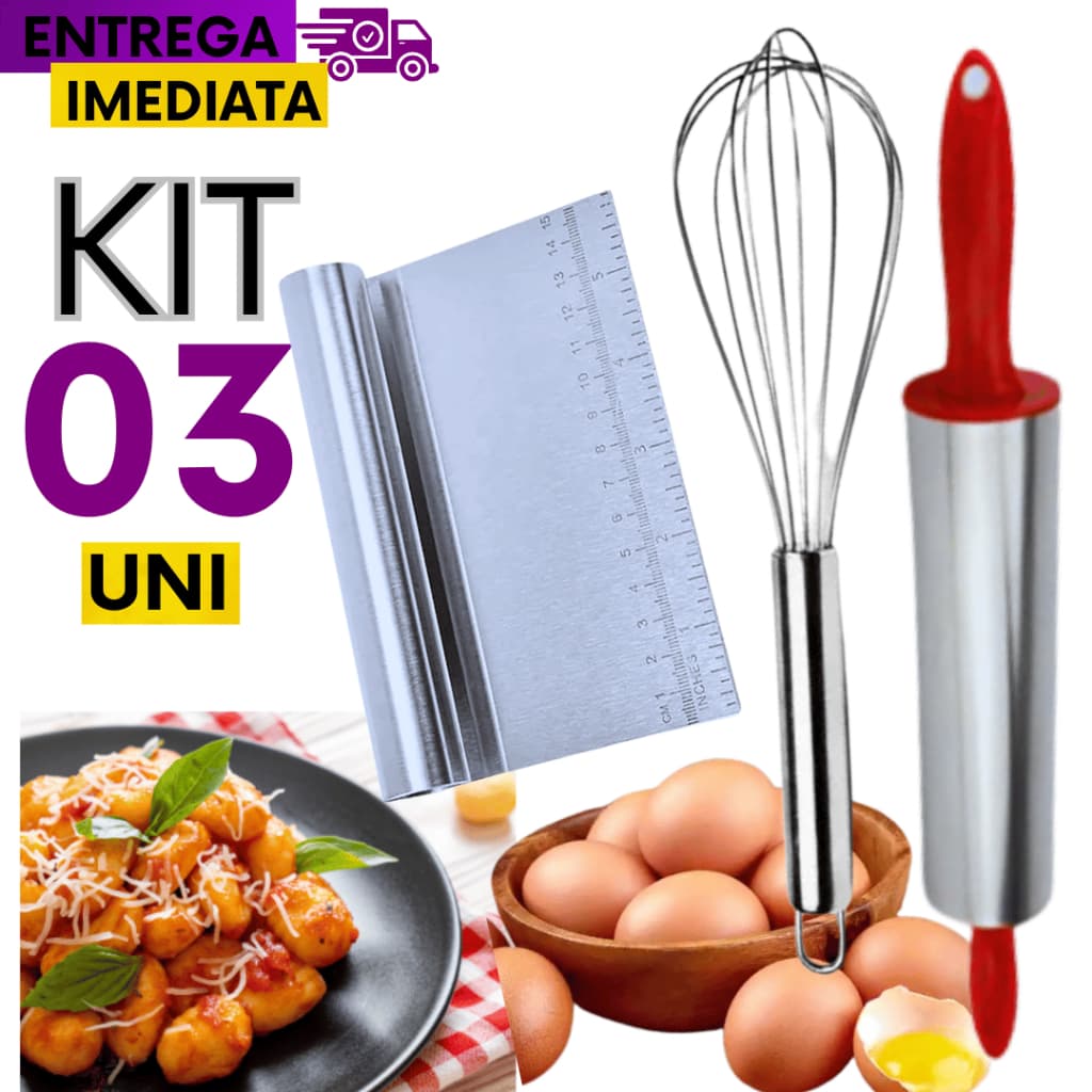 Kit 03 - Rolo de Massa Inox Silicone Giratório 37,5cm Espátula Cabo Tubular Cortador Raspador Fue Fuet Batedor de Ovos