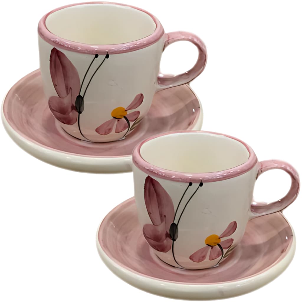 Jogo de Xicaras para Café sedo 2 xícaras e 2 pires em Cerâmica 4 peças Pintado a Mão 75ml