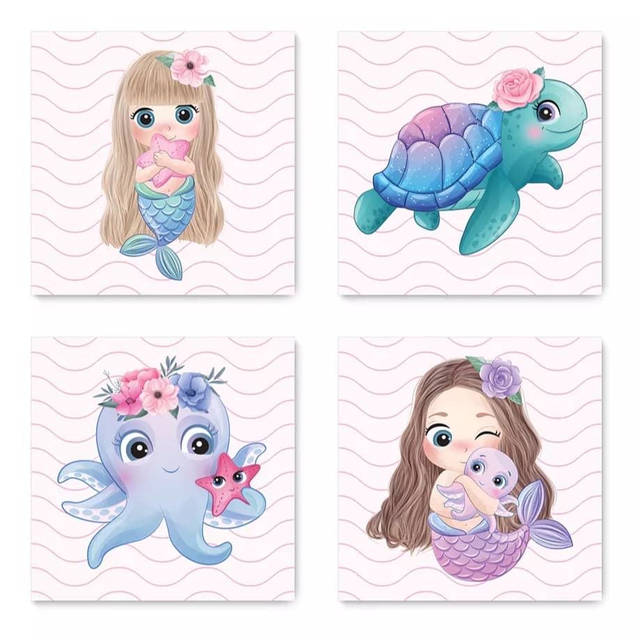 Quadro de decoração para quarto infantil - menina-sereia-fundo do mar-tartaruga-polvo- 4 peças 30x20