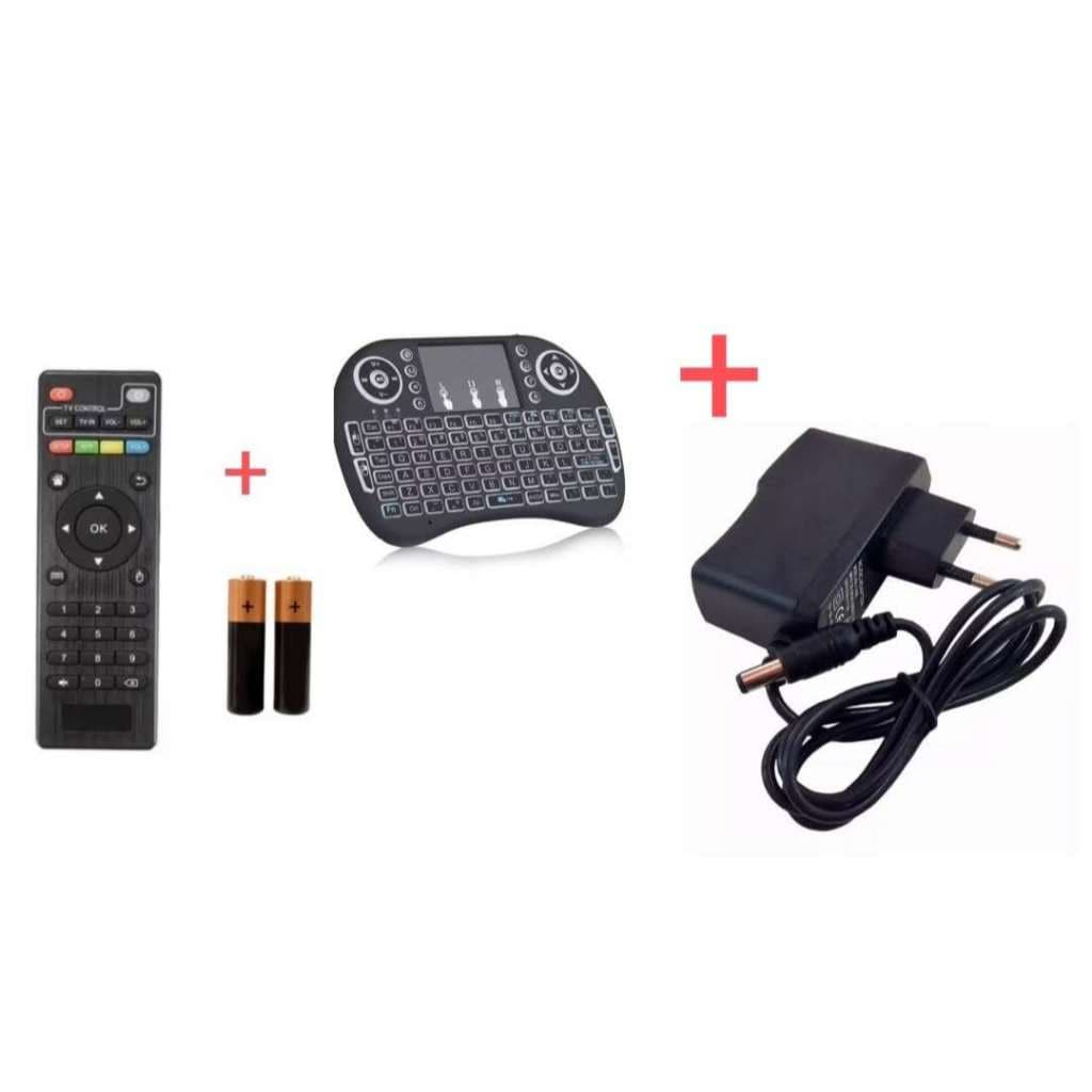 Kit Controle Remoto Para Tv Box Aparelho + Mini Teclado + Fonte 5v + 2 Pilhas AAA