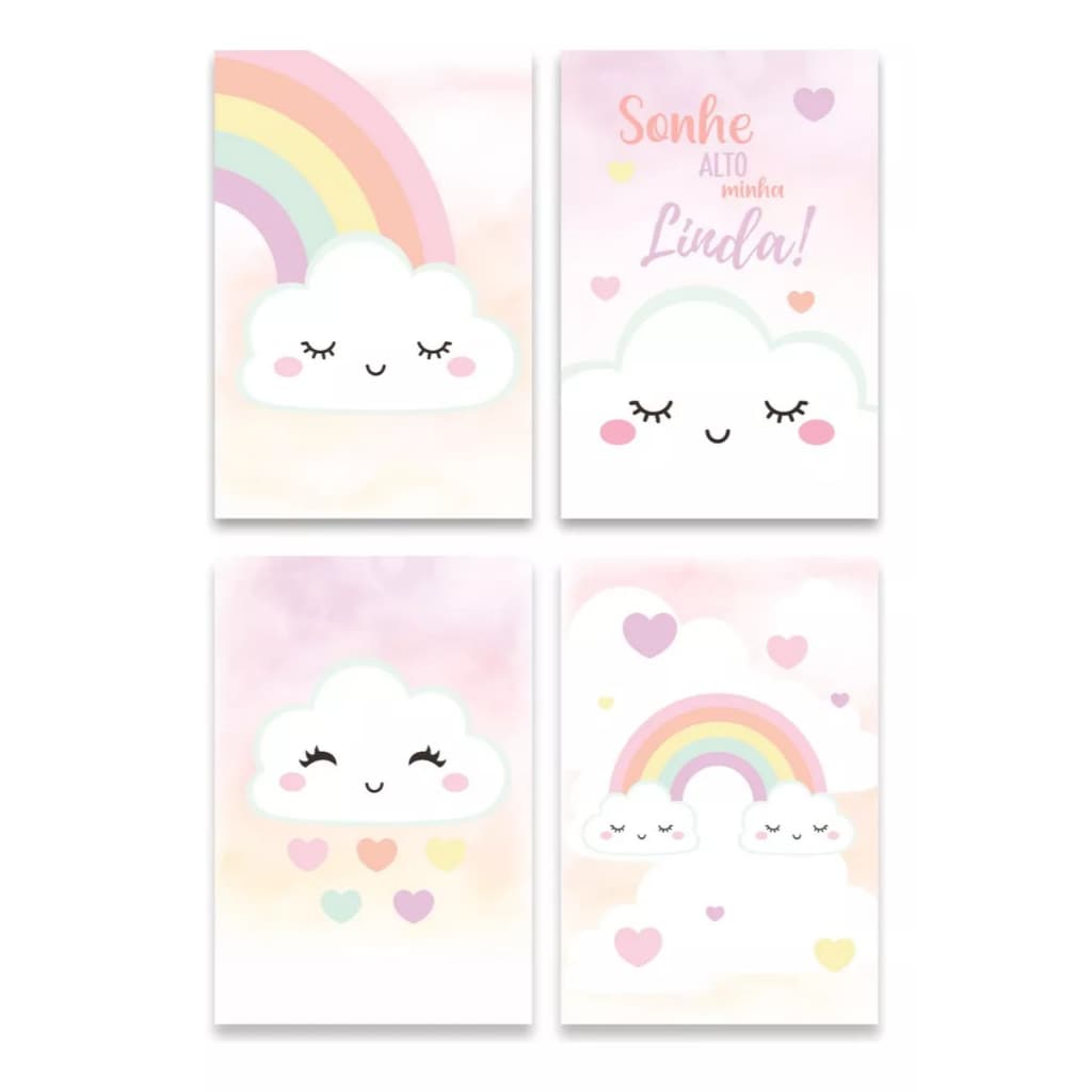 Quadro de decoração para quarto infantil-menina-rosa-nuvem-arco íris-4 peças