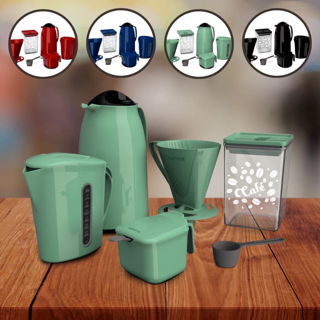 Kit Café 6 Peças Verde Garrafa Térmica 1L Leiteira e Organizador Hermético