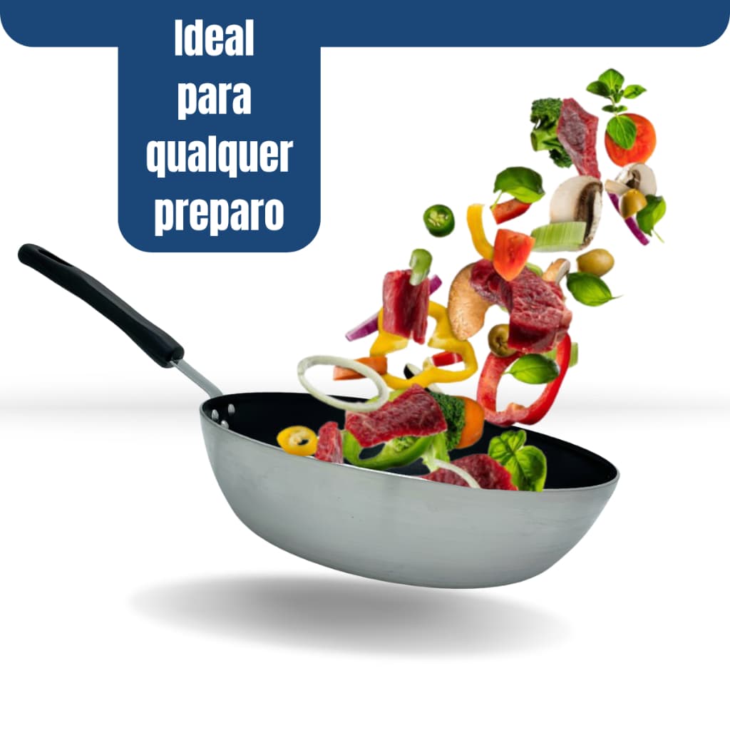 Frigideira Wok Funda C/ Tampa de Vidro Chef Antiaderente 30 Cm Alumínios Portela