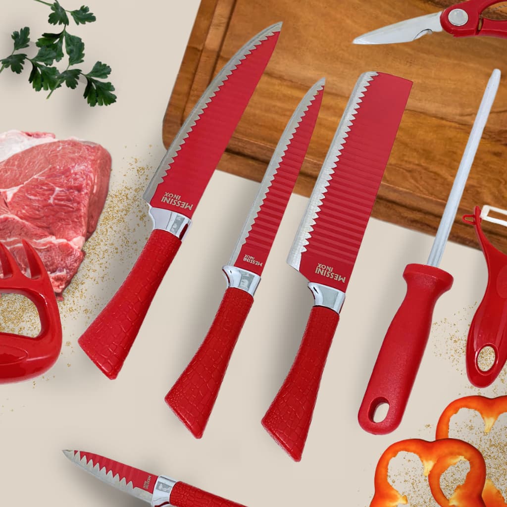 Kit Facas Chef Churrasco Inox Antiaderente 8 Peças | Messini Inox Com Chaira | Utensílios De Cozinha