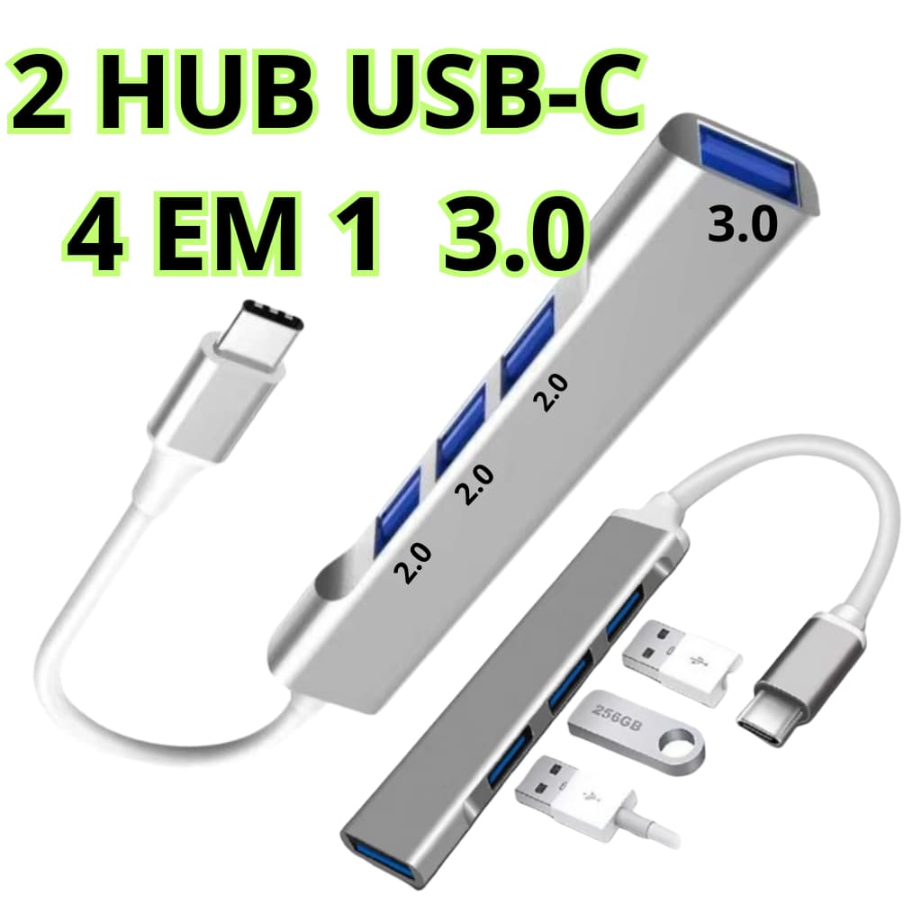 Hub usb 3.0 USB-C Adaptador Otg 4 em 1 x USB 3.0 + 3x USB 2.0 – Alta Velocidade e ORIGINAL
