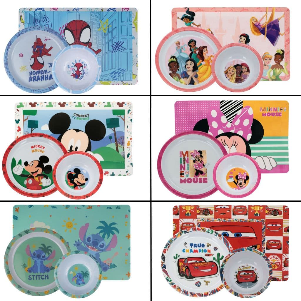 Kit Prato + Bowl + Jogo Americano Infantil Disney Plástico BPA Free Criança Refeição