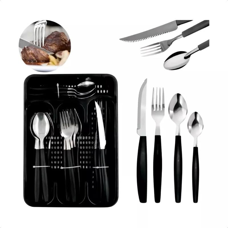 Jogo De Talheres 25 Peças Inox Conjunto Faqueiro Com Porta Garfos Colheres E Facas