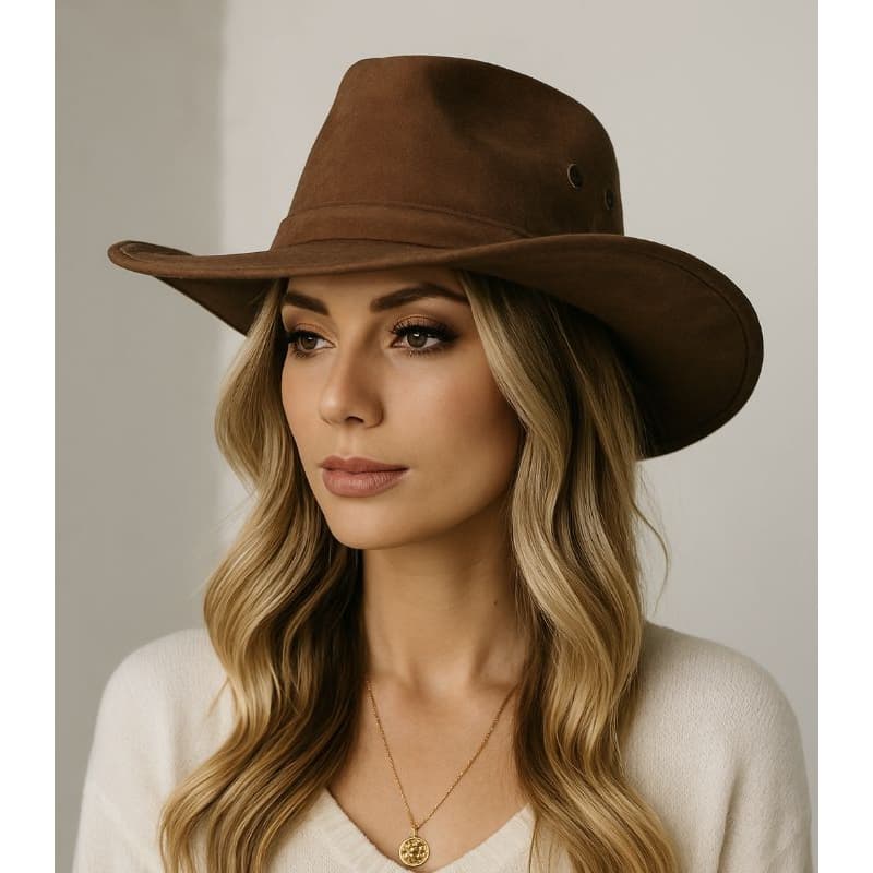 Chapéu Country Marrom Camurça Suede – Unissex com Aba Média, Regulável, Estilo Vaqueiro de Alta Qualidade