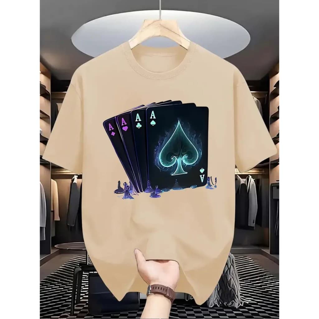 Camiseta Algodão Casual Adulto Infantil e Plus Size Streetwear Carta Baralho As de Espadas