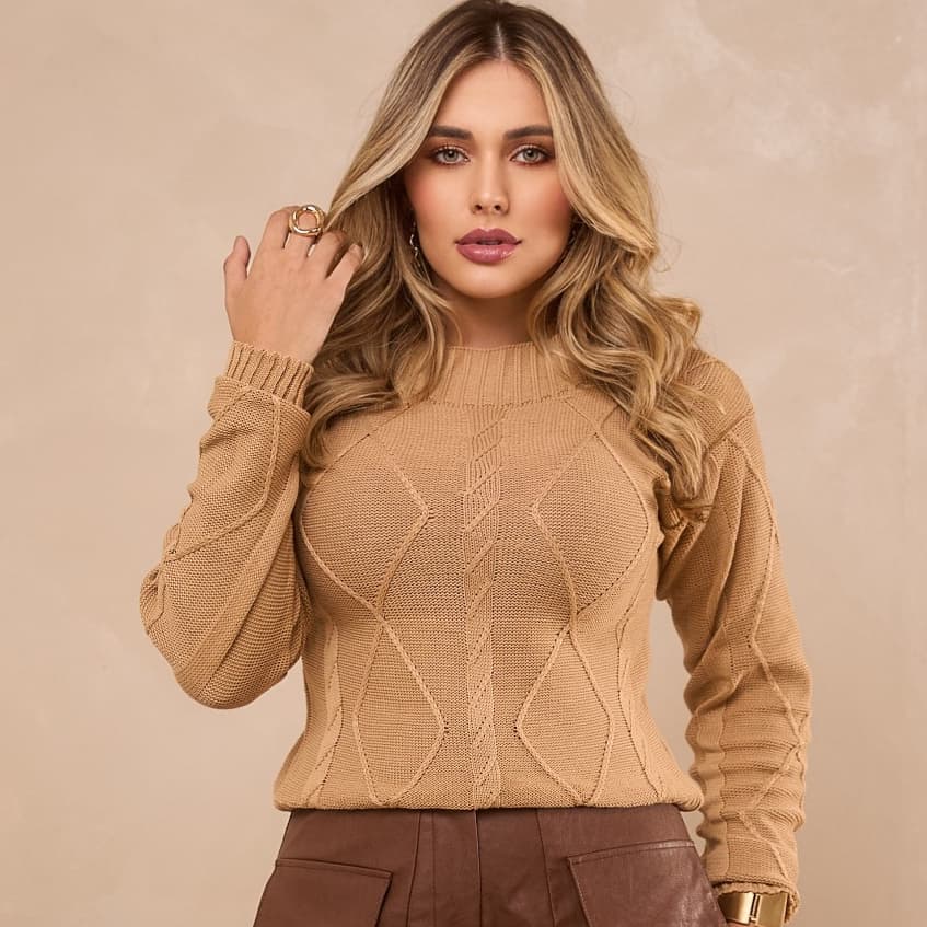 Blusa de Tricot com Losangos e Tranças Gola Alta Manga Longa Inverno Tendência Trico Laçamento