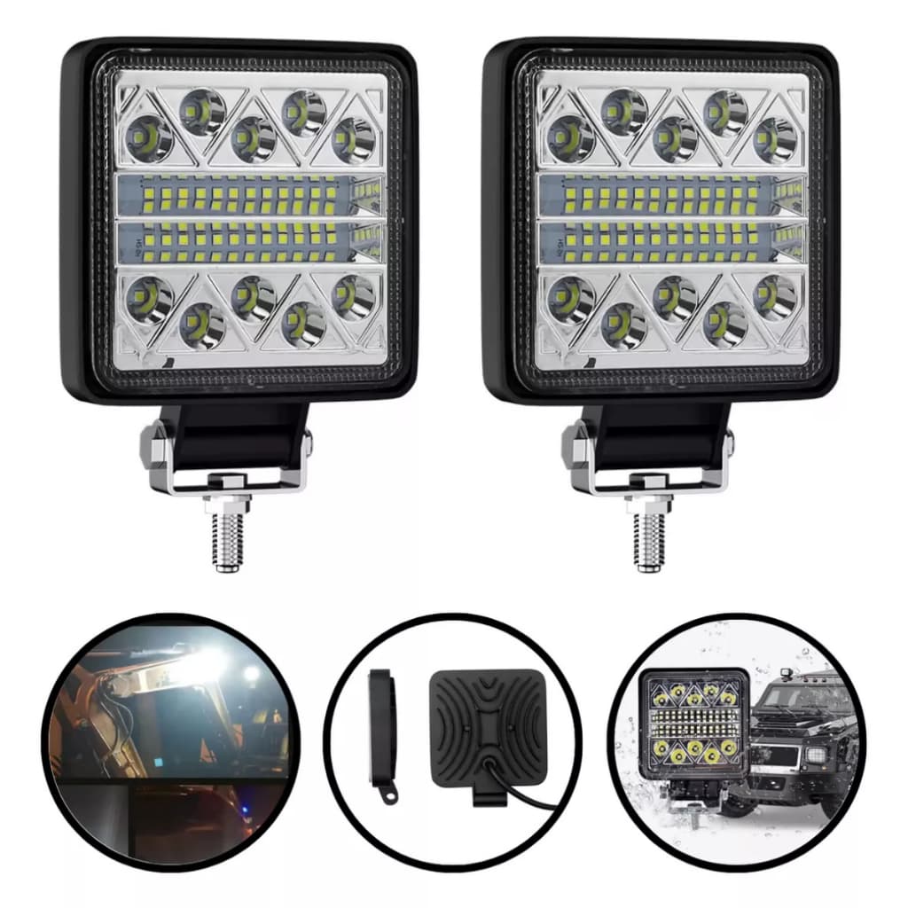 2 Farol de Milha LED 102W 12V/24V Quadrado Super Brilho p/ Truck Caminhão, Carreta, Off Road, Trator