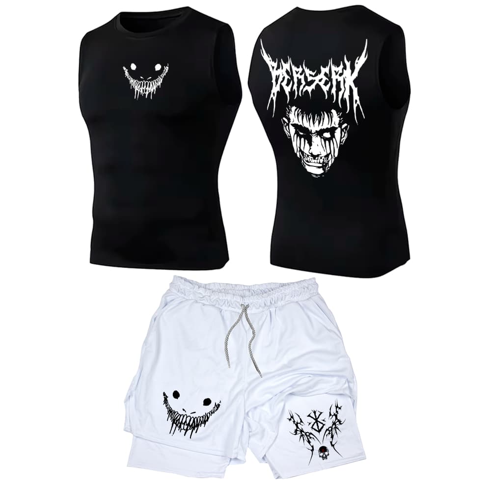 Kit Academia Regata Compressão E Short 2 em 1 Compressão Anime Manga Bersek Smile Dark Mode Academia