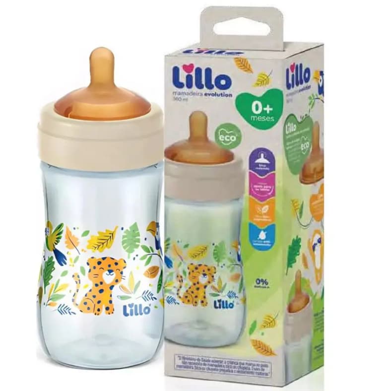 Mamadeira Lillo Bico Macio e Flexível Látex 300ml Super Tampa Antivazamento Imita Bico Peito Mãe