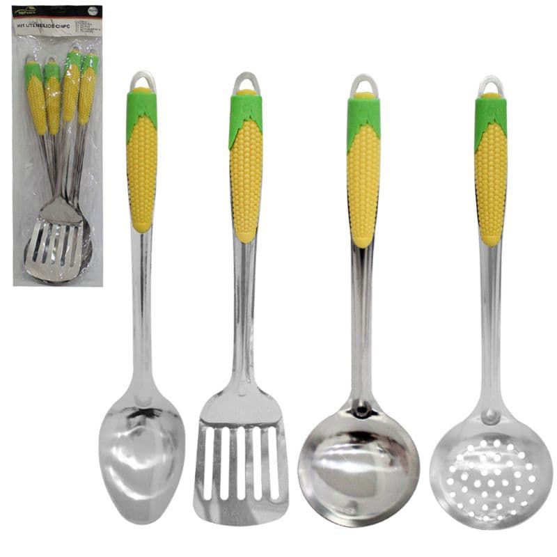 KIT UTENSILIOS COM COLHER ARROZ + CONCHA + ESCUMADEIRA E ESPATULA VAZADA DE INOX CABO PLASTICO