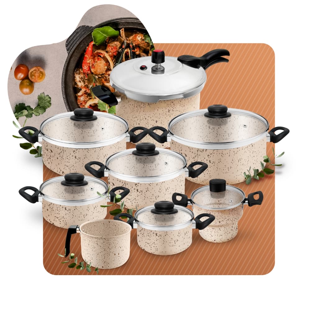 Conjunto de Panela Antiaderente Grossas Baunilha Bege com Panela de Pressão 4,5l + Cuscuzeira 8pc