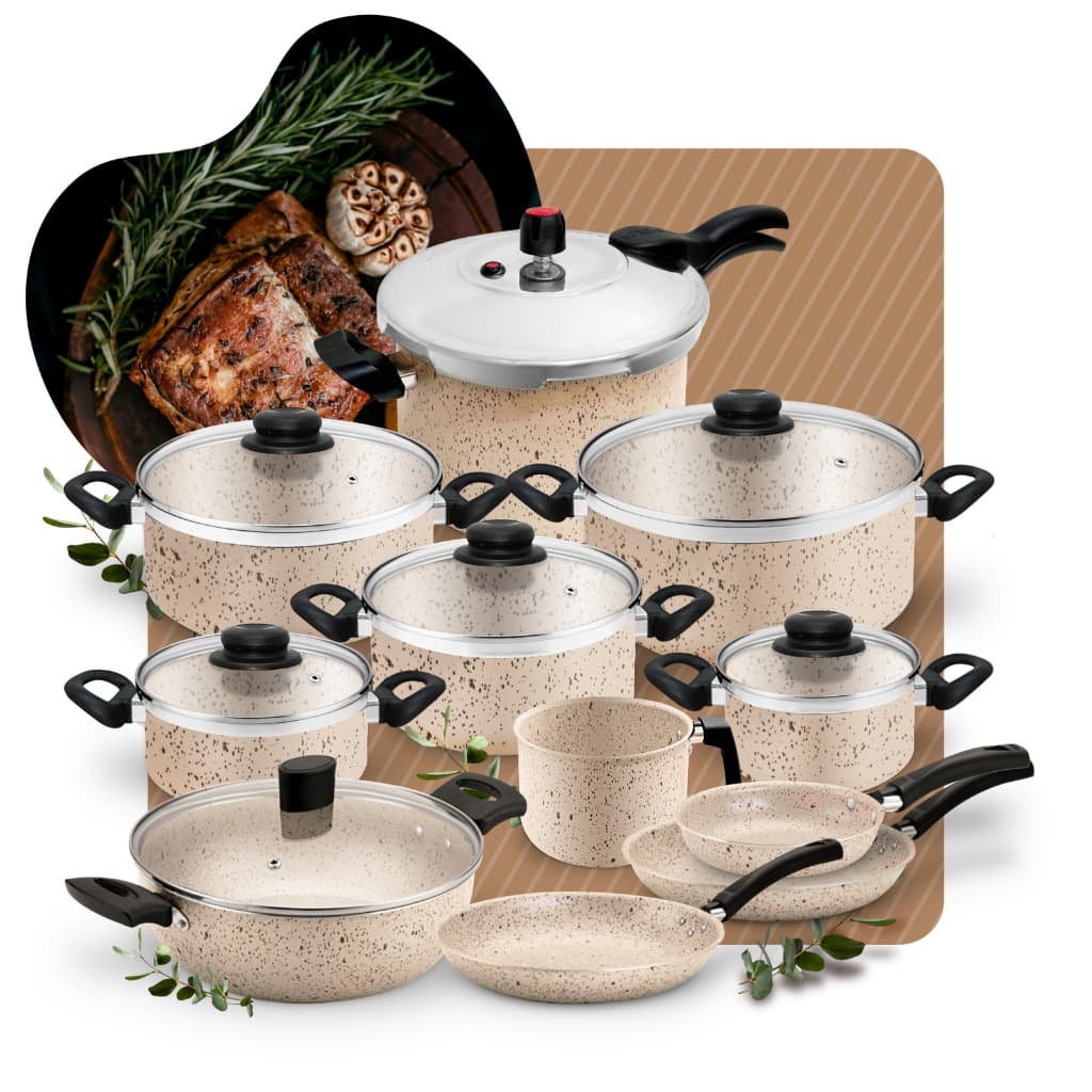 Hiper Jogo de Panelas Antiaderente Baunilha Bege com Panela de Pressão 4,5l + Wok Gourmet 11pc