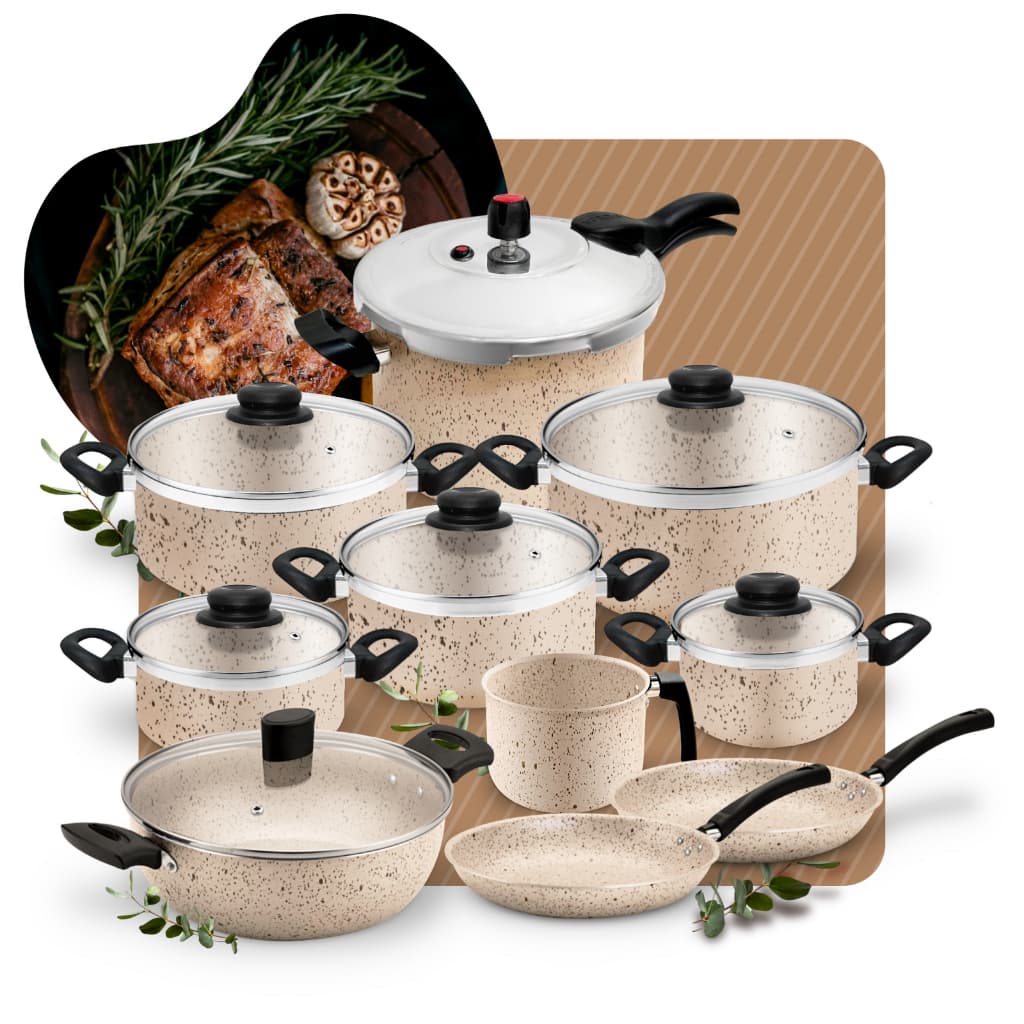 Mega Jogo de Panelas Grossas Antiaderente Baunilha Cream com Pressão 4,5l + Panela Wok Gourmet 10pc
