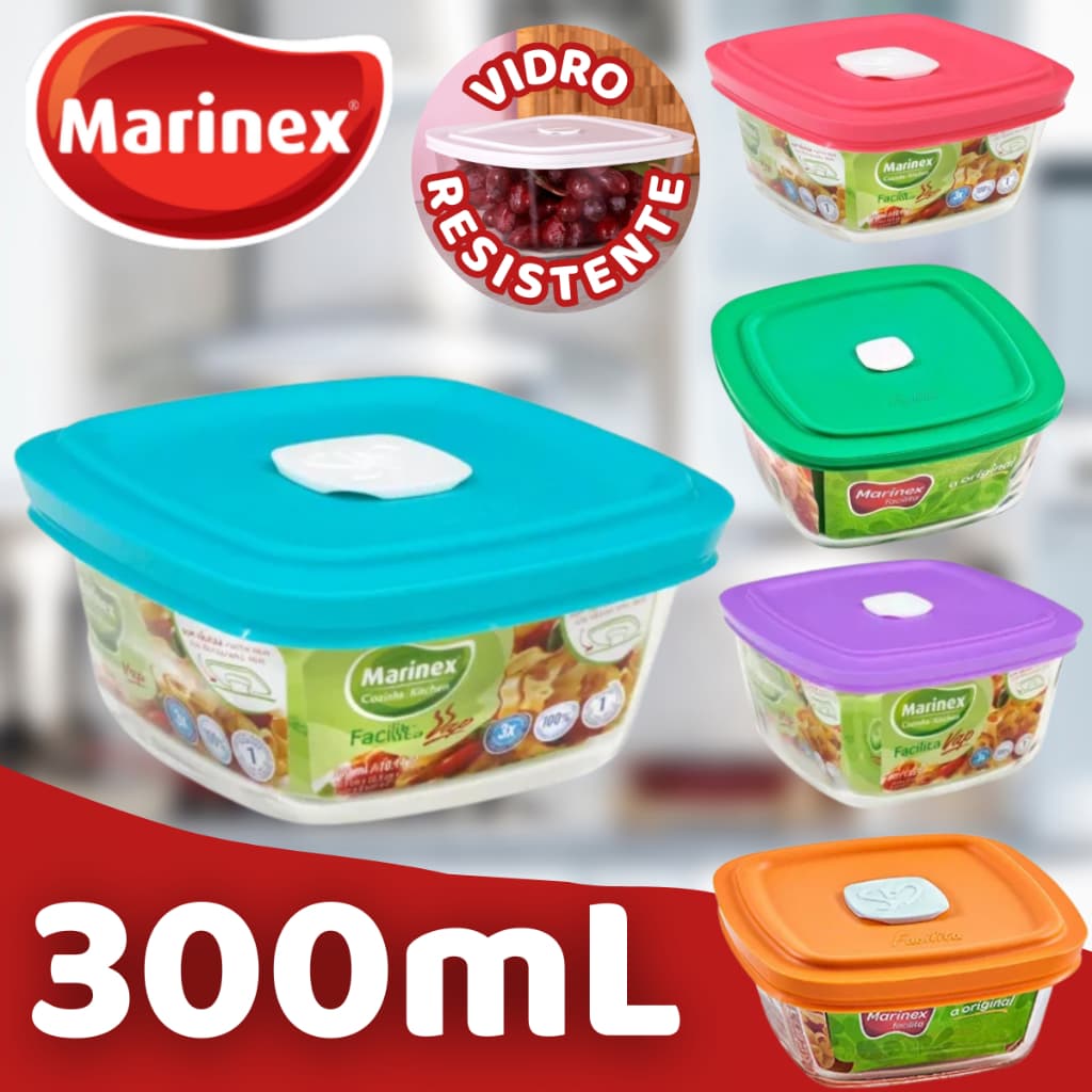 Pote de Vidro Marinex Com Tampa 300mL Facilita VAP Tigela Vasilha Freezer, Forno e Microondas - Quadrado Cores Sortidas