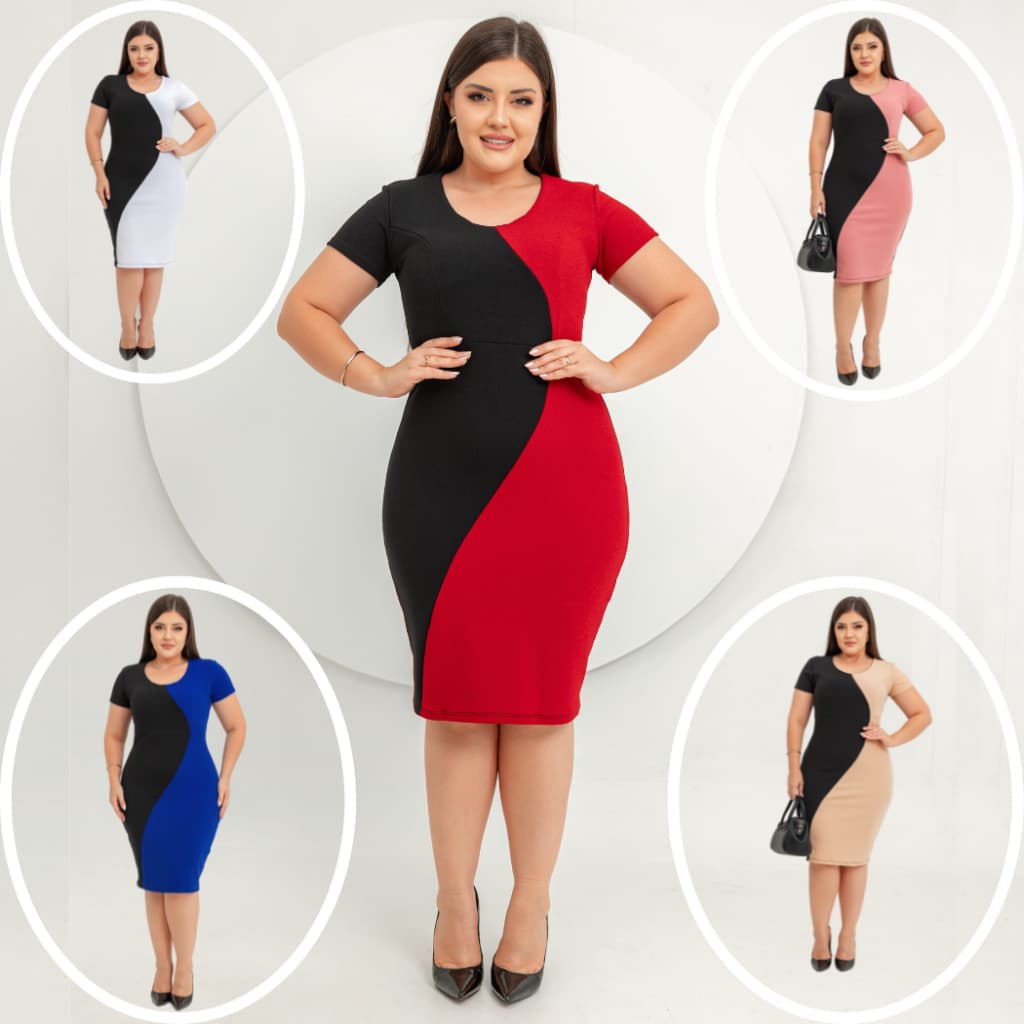 Vestido feminino midi tubinho - social - manga curta combinado duas cores